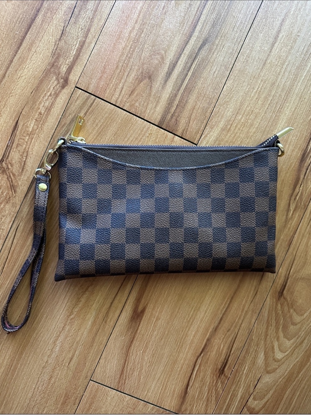 Brown Checkered Wristlet Clutch with Crossbody Strap